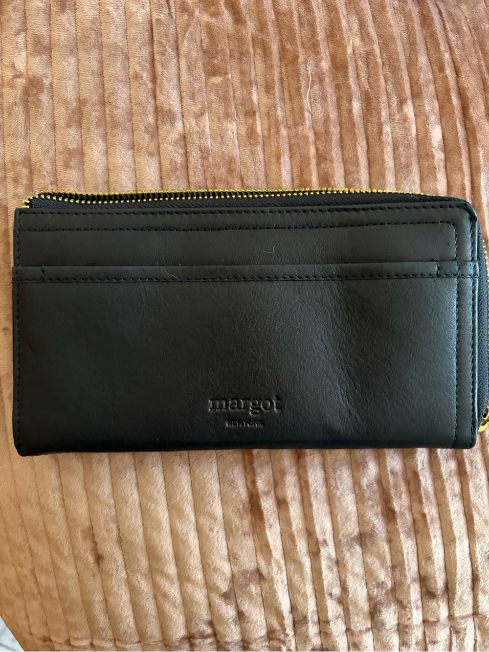 margot Black Leather Zip Card Wallet with Gold Hardware